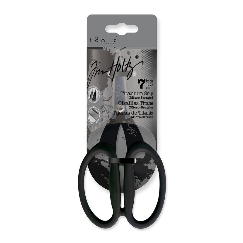 TONIC STUDIOS Tim Holtz Small Titanium Scissors - 7 Inch Mini Snips with Micro Serrated Blade - Non Stick Craft Tool for Cutting Paper, Fabric, and Sewing - Black Comfort Grip Handles - Image 1